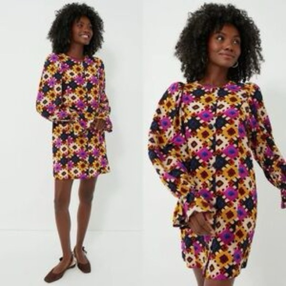 RHODE Nara Dress in Aquarelle Size Large Multicolor Geometric Pattern Button up